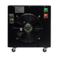 Black ice bath chiller with large central fan, green and red outlet buttons on right side, control panel on left, and caster 