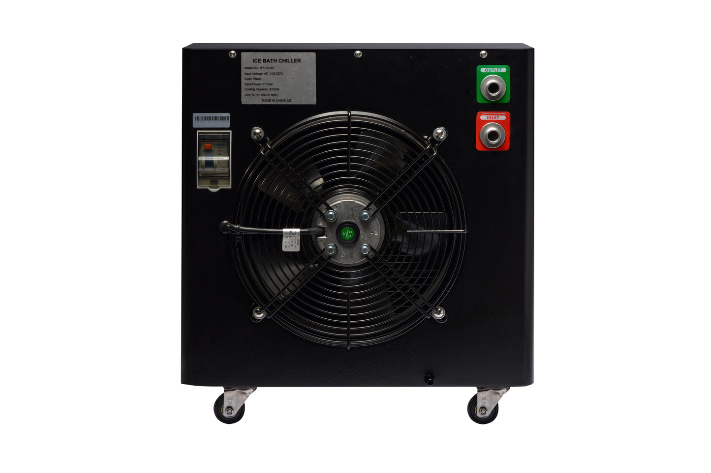 Black ice bath chiller with large central fan, green and red outlet buttons on right side, control panel on left, and caster 