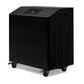 Black cube-shaped chiller unit with digital control panel on top, ventilation vents on sides, and four locking caster wheels 