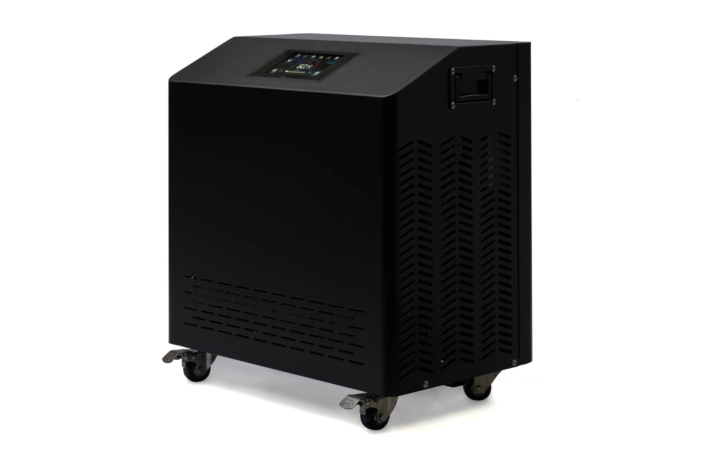 Black cube-shaped chiller unit with digital control panel on top, ventilation vents on sides, and four locking caster wheels 
