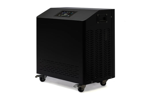 Black cube-shaped chiller unit with digital control panel on top, ventilation vents on sides, and four locking caster wheels 