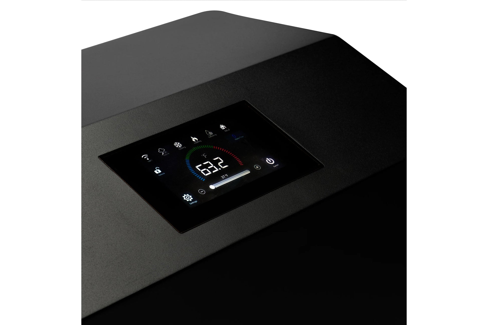 Black cold plunge tub with digital control panel displaying temperature reading and function icons on white background