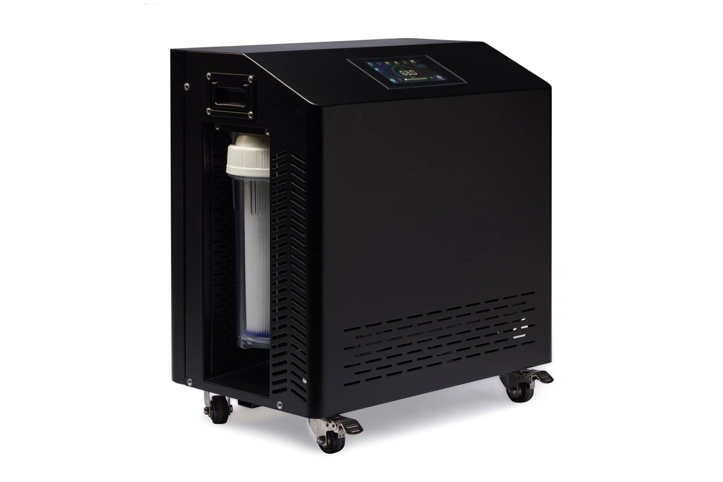 Black compact chiller unit with digital control panel, visible filter cartridge inside glass chamber, ventilation grilles, an