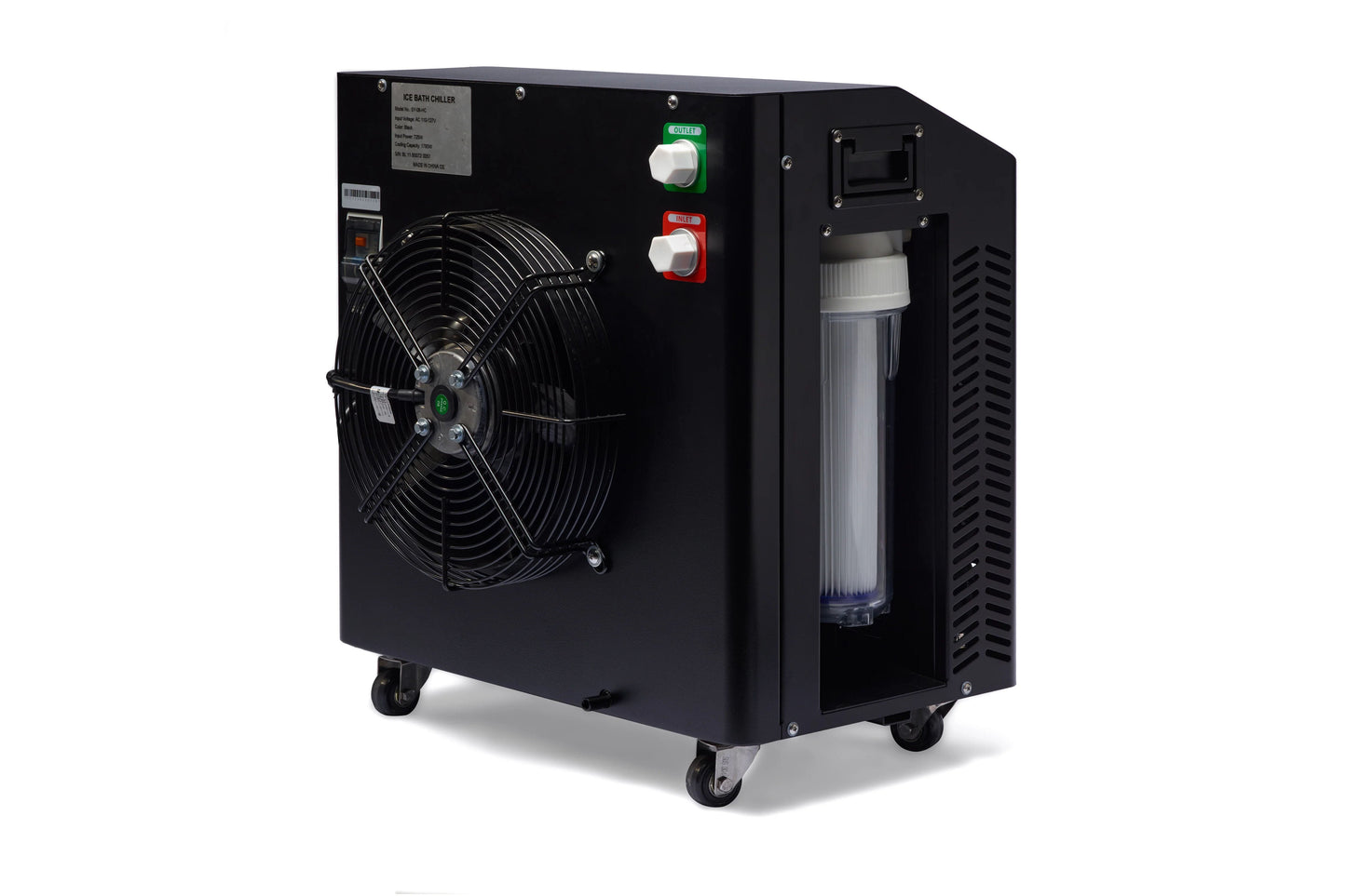 Black ice bath chiller unit with large front fan, control panel with green and red buttons, water tank on right side, and cas