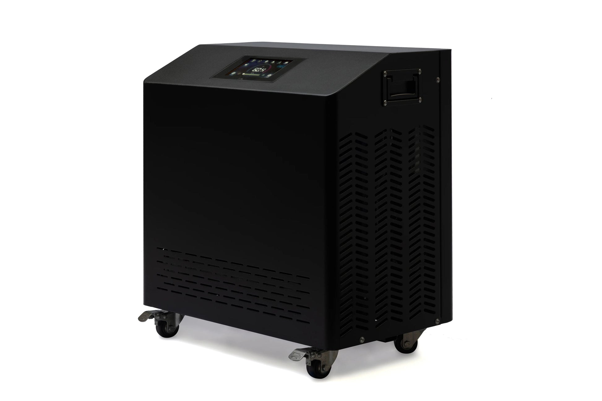 Black cold plunge therapy unit with digital control panel on top, ventilation grilles on sides, and four caster wheels for mo
