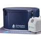 Dynamic Cold Therapy inflatable oval cold plunge tub in navy blue with white chiller unit and purple mat on white background