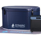 Dynamic Cold Therapy navy blue inflatable oval cold plunge with chiller unit on purple mat, flat lay
