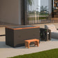 Black and orange rectangular cold plunge tub with wood trim on patio, shown with small wooden bench and cooling unit