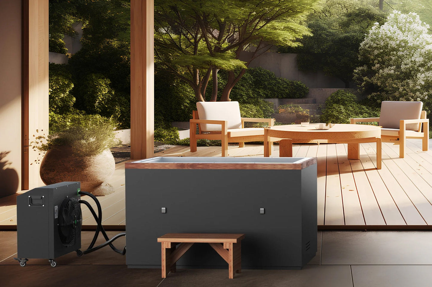 Dark gray and copper cold plunge tub with wooden bench on outdoor patio, paired with black heating unit