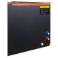 Black PVC cold plunge panel with wood trim, blue IN and red OUT control knobs, brass drain valve, and yellow caution label on