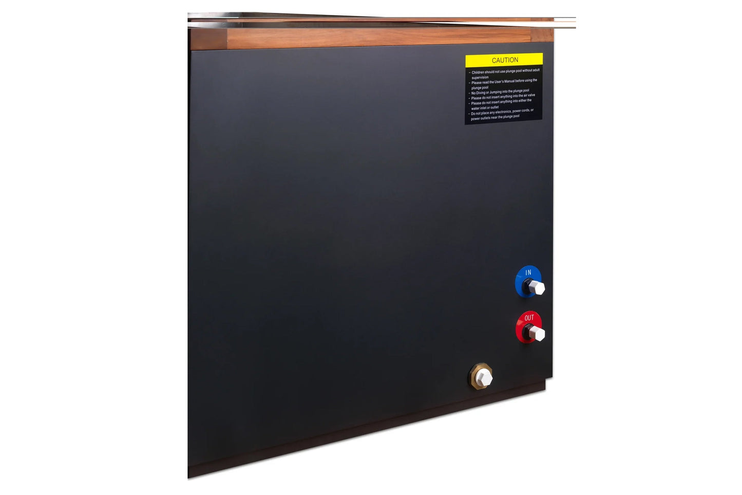 Black PVC cold plunge panel with wood trim, blue IN and red OUT control knobs, brass drain valve, and yellow caution label on