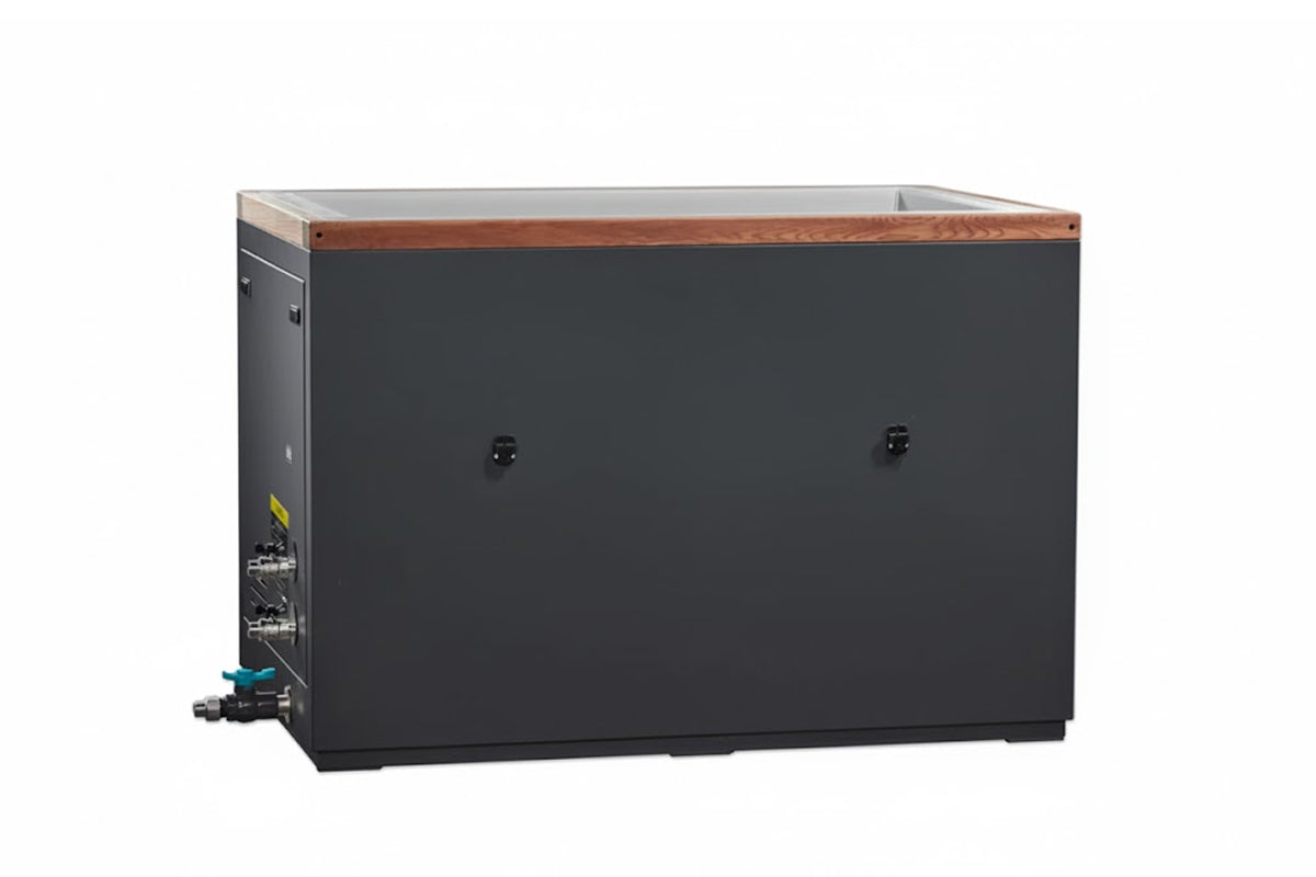 Black rectangular cold plunge tank with dark wood trim top, stainless steel interior, and side control panel with blue valve 