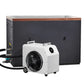 Black insulated cold plunge tank with wood trim top and white portable cooling unit with black fan attached via black hose, o