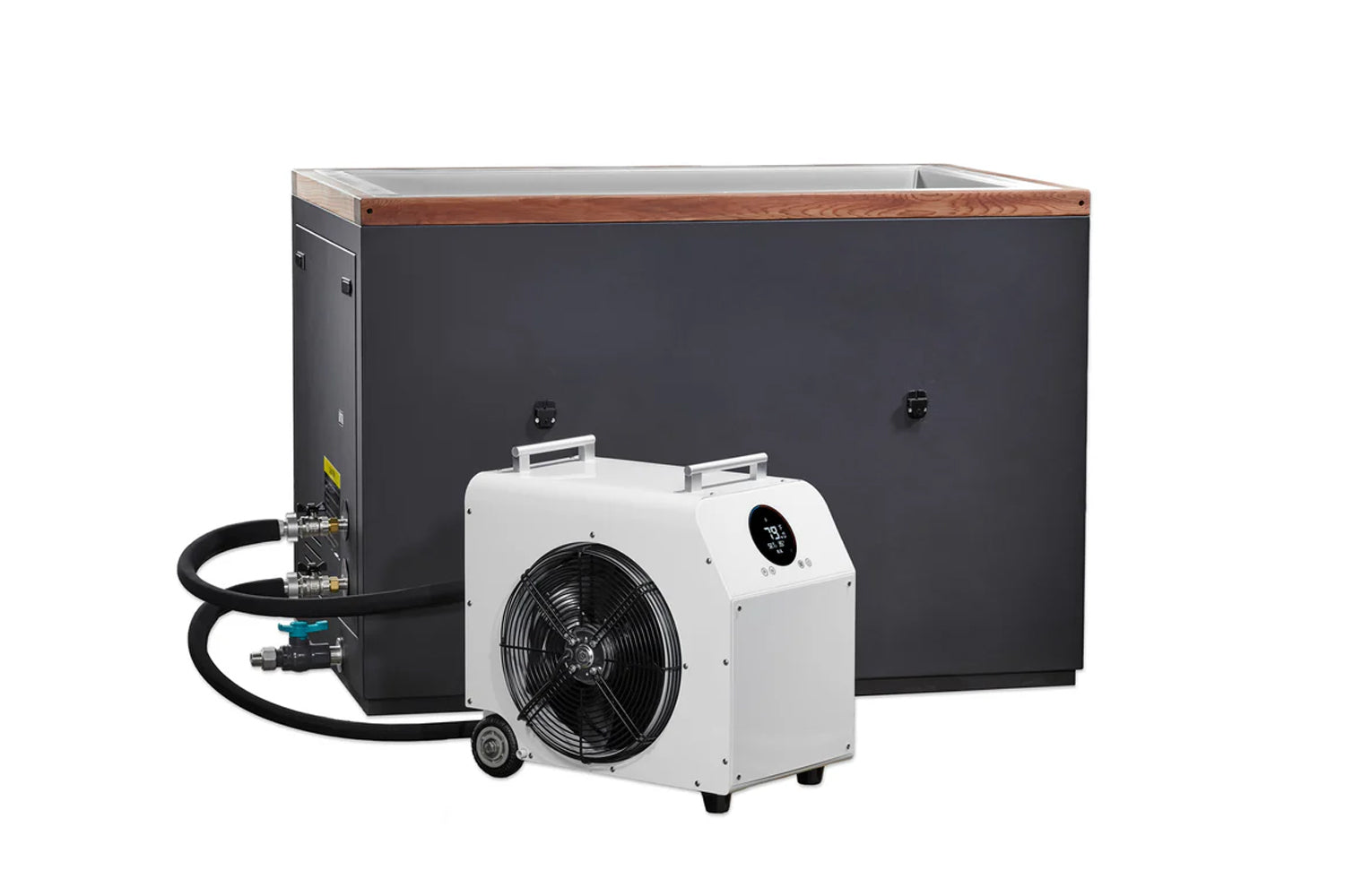 Black insulated cold plunge tank with wood trim top and white portable cooling unit with black fan attached via black hose, o