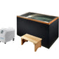 Cold water plunge tank with wooden bench and portable cooler