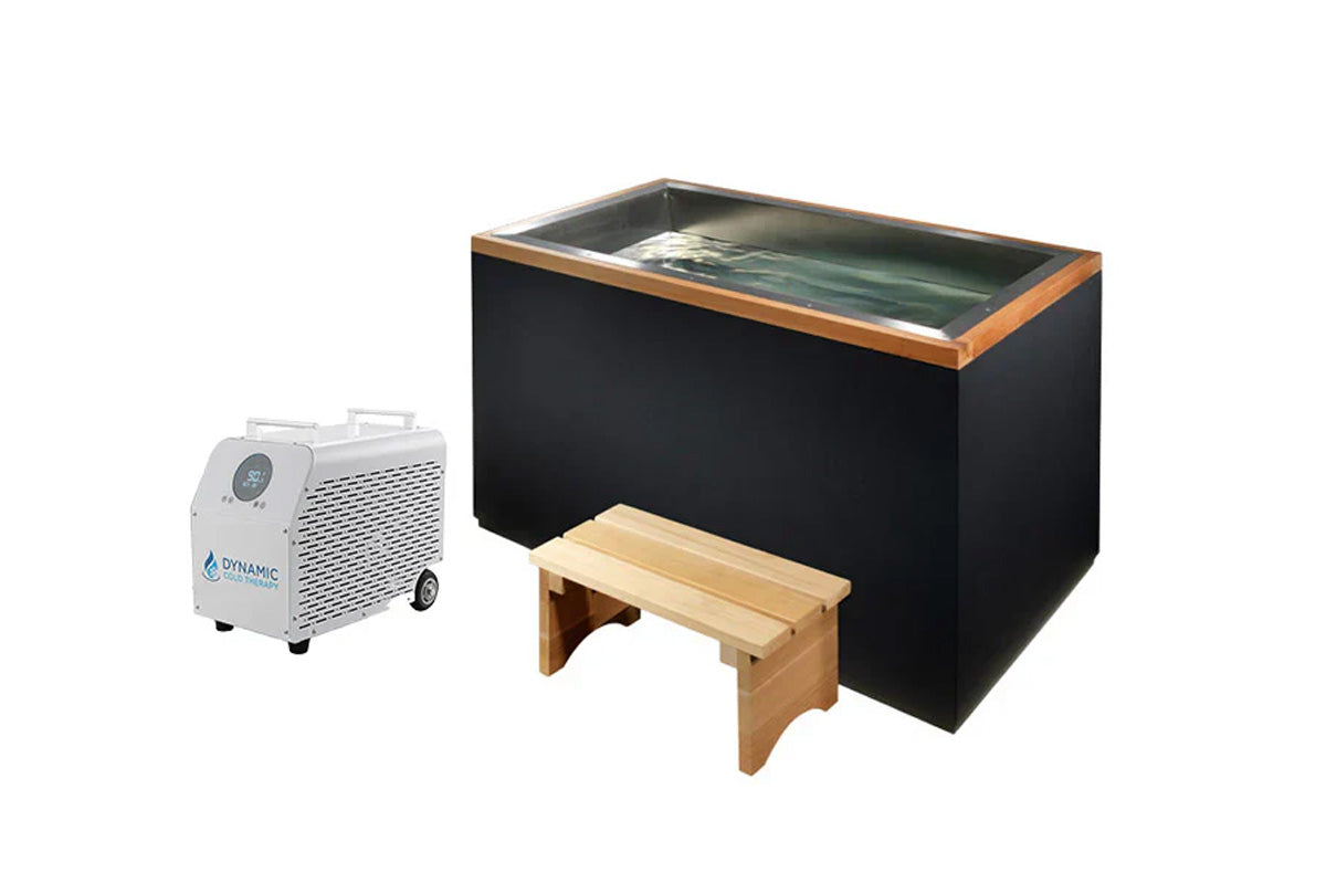 Cold water plunge tank with wooden bench and portable cooler