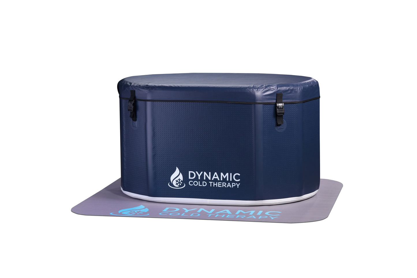 Dynamic Cold Therapy inflatable oval cold plunge in navy blue with white logo and black latches, shown on gray mat with white