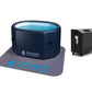 Dark blue inflatable cold plunge tub with turquoise water, gray mat base, and black chiller unit on white background