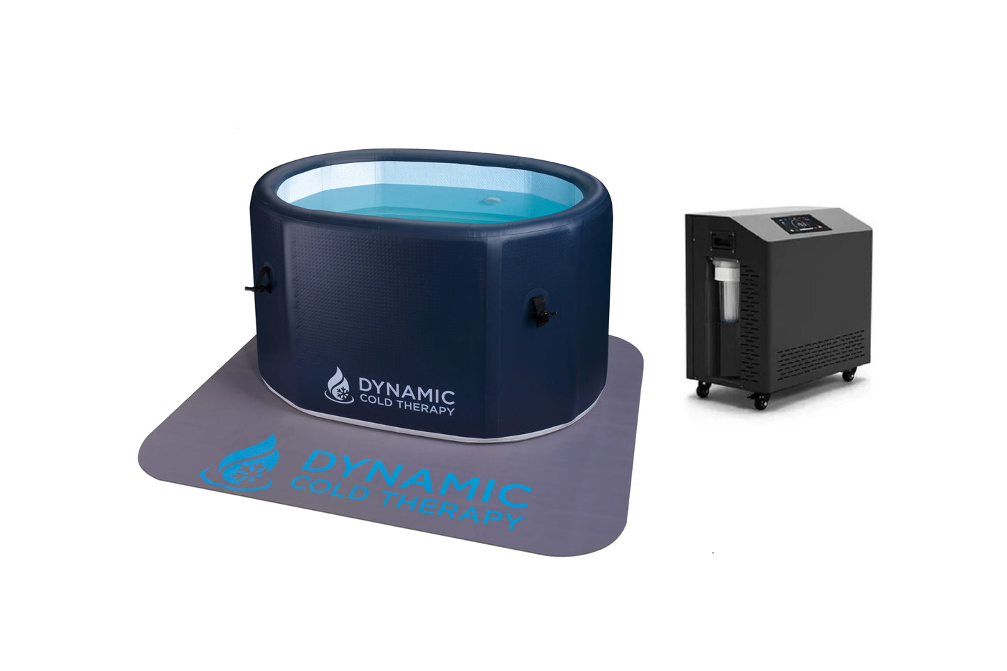 Dark blue inflatable cold plunge tub with turquoise water, gray mat base, and black chiller unit on white background