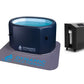 Dynamic Cold Therapy dark blue inflatable oval cold plunge with turquoise water and matching chiller unit on white background