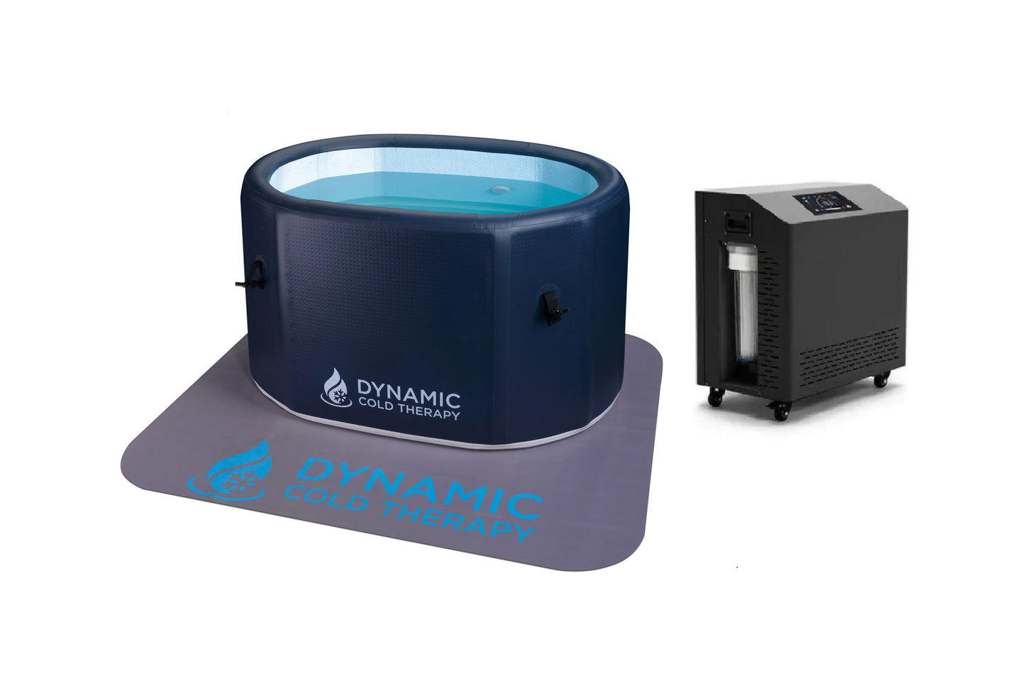 Dynamic Cold Therapy dark blue inflatable oval cold plunge with turquoise water and matching chiller unit on white background