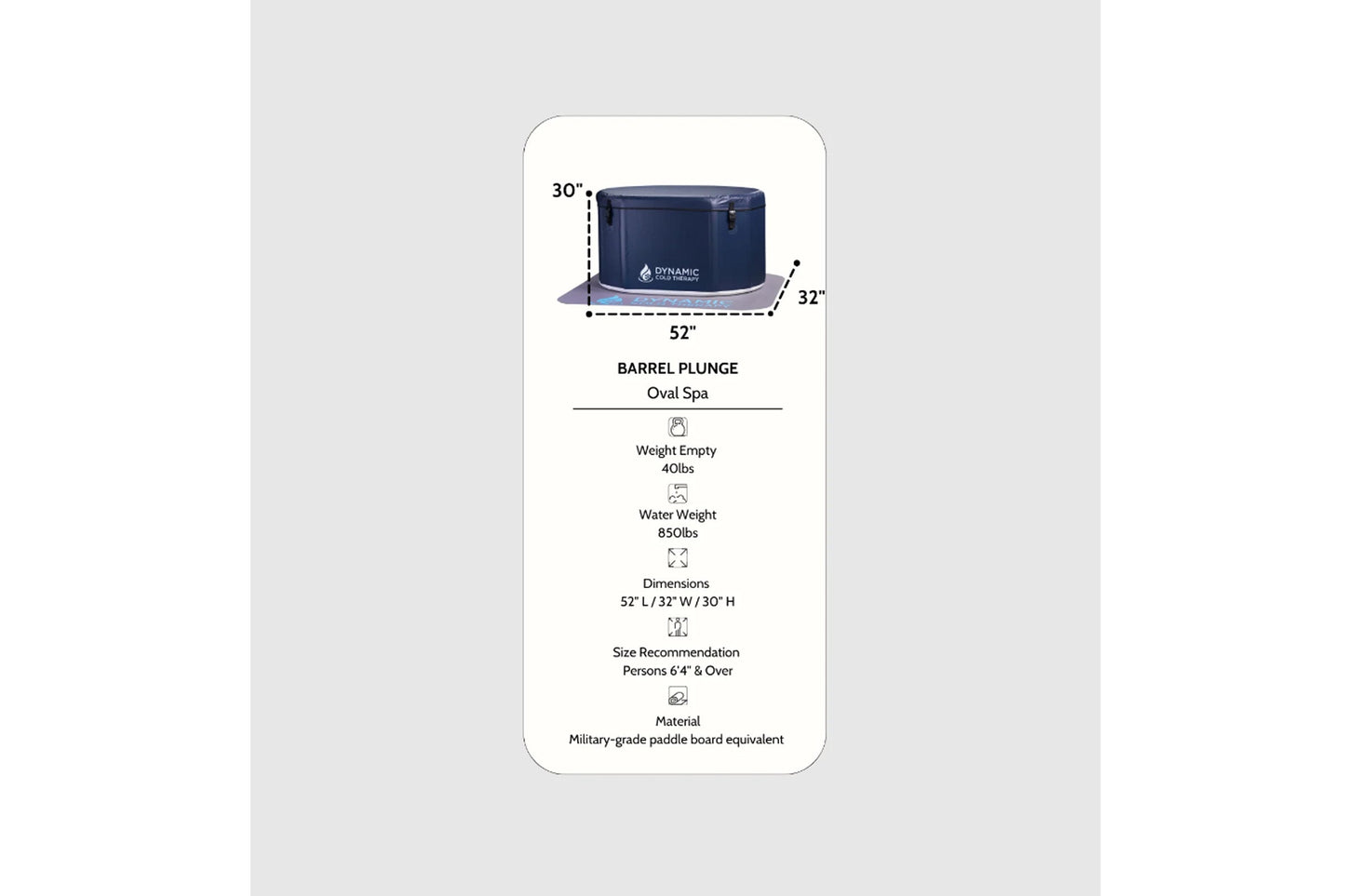 Dynamic Cold Therapy Barrel Plunge oval spa with dimensions 52"L x 32"W x 30"H, navy blue with measurement callouts, shown on