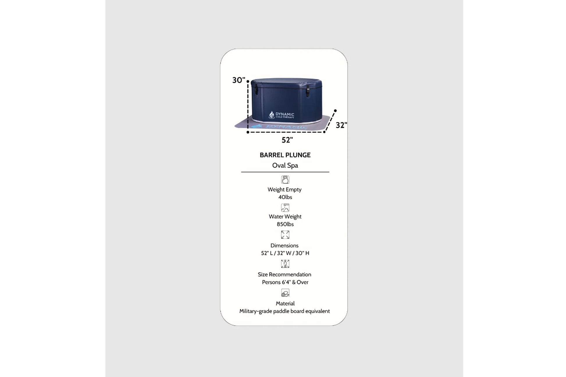 Dynamic Cold Therapy Barrel Plunge oval spa with dimensions 52"L x 32"W x 30"H, navy blue with measurement callouts, shown on