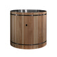 Cylindrical wooden cold plunge barrel with light natural cedar wood slats, stainless steel rim and bands, black metal straps,