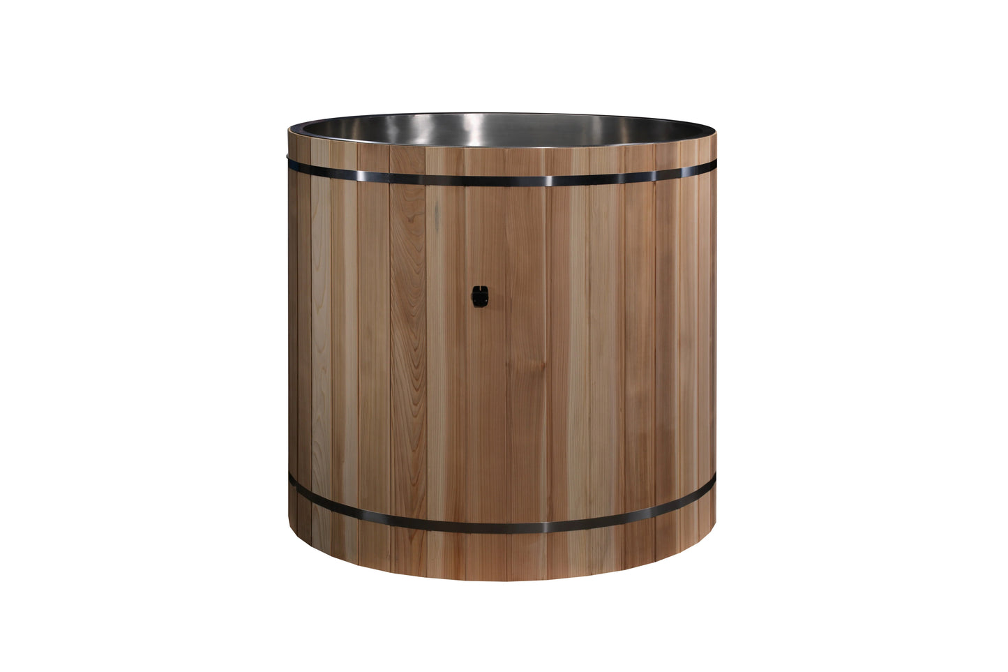 Cylindrical wooden cold plunge barrel with light natural cedar wood slats, stainless steel rim and bands, black metal straps,