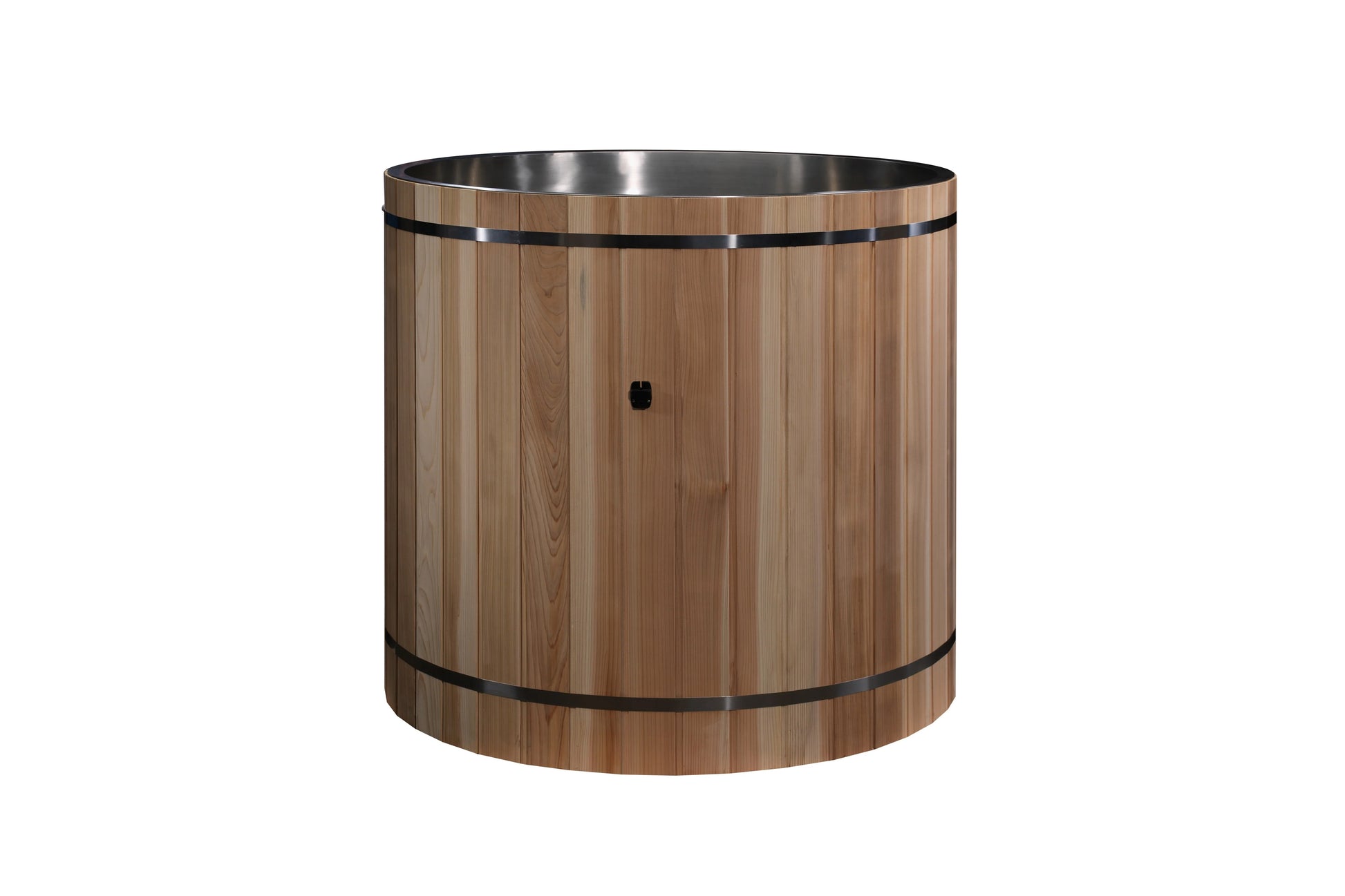 Cylindrical wooden cold plunge barrel with light natural cedar wood slats, stainless steel rim and bands, black metal straps,