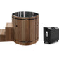 Wooden hot tub barrel with stainless steel interior, wooden steps, and black chiller unit on white background