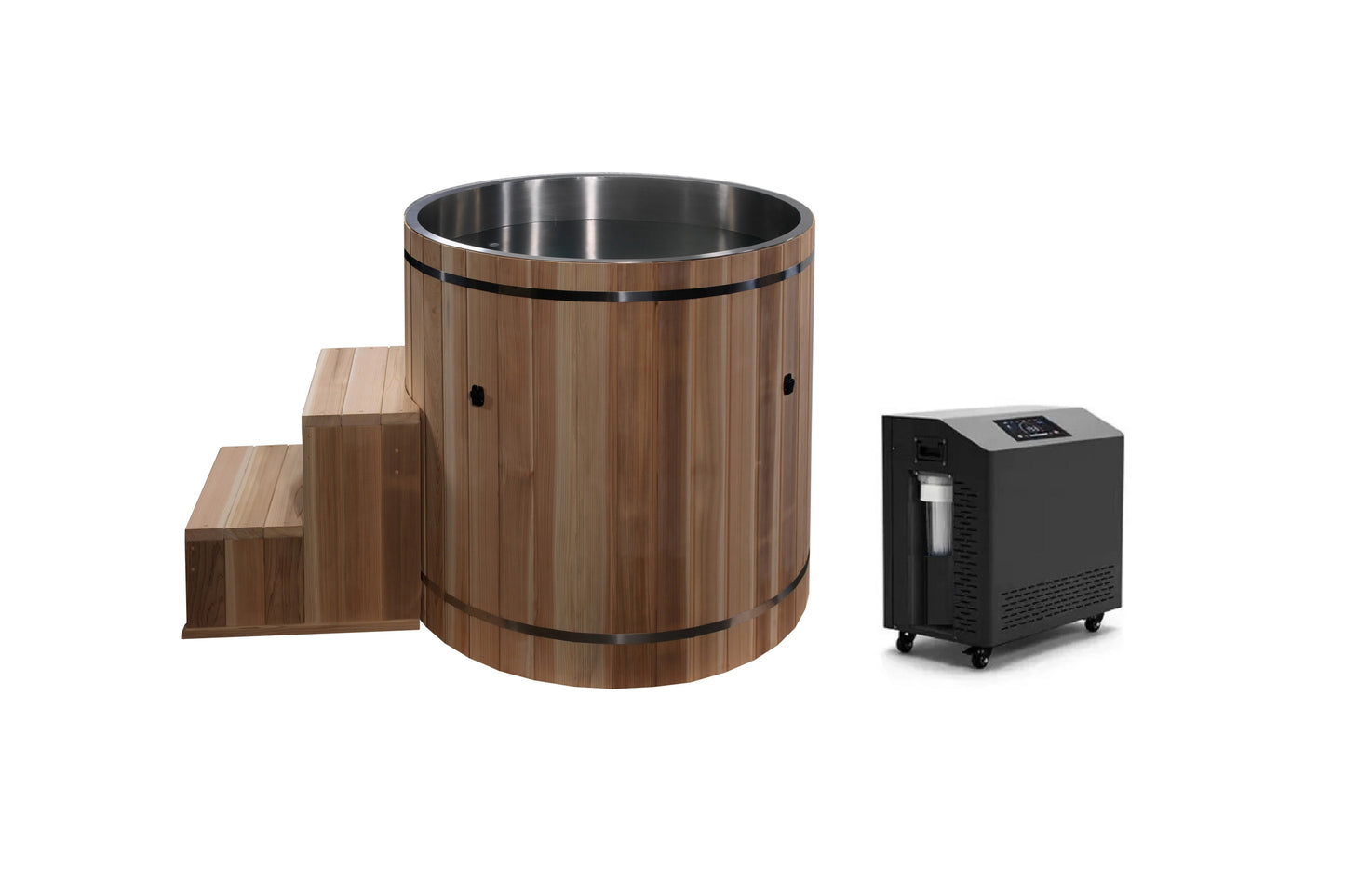 Wooden hot tub barrel with stainless steel interior, wooden steps, and black chiller unit on white background
