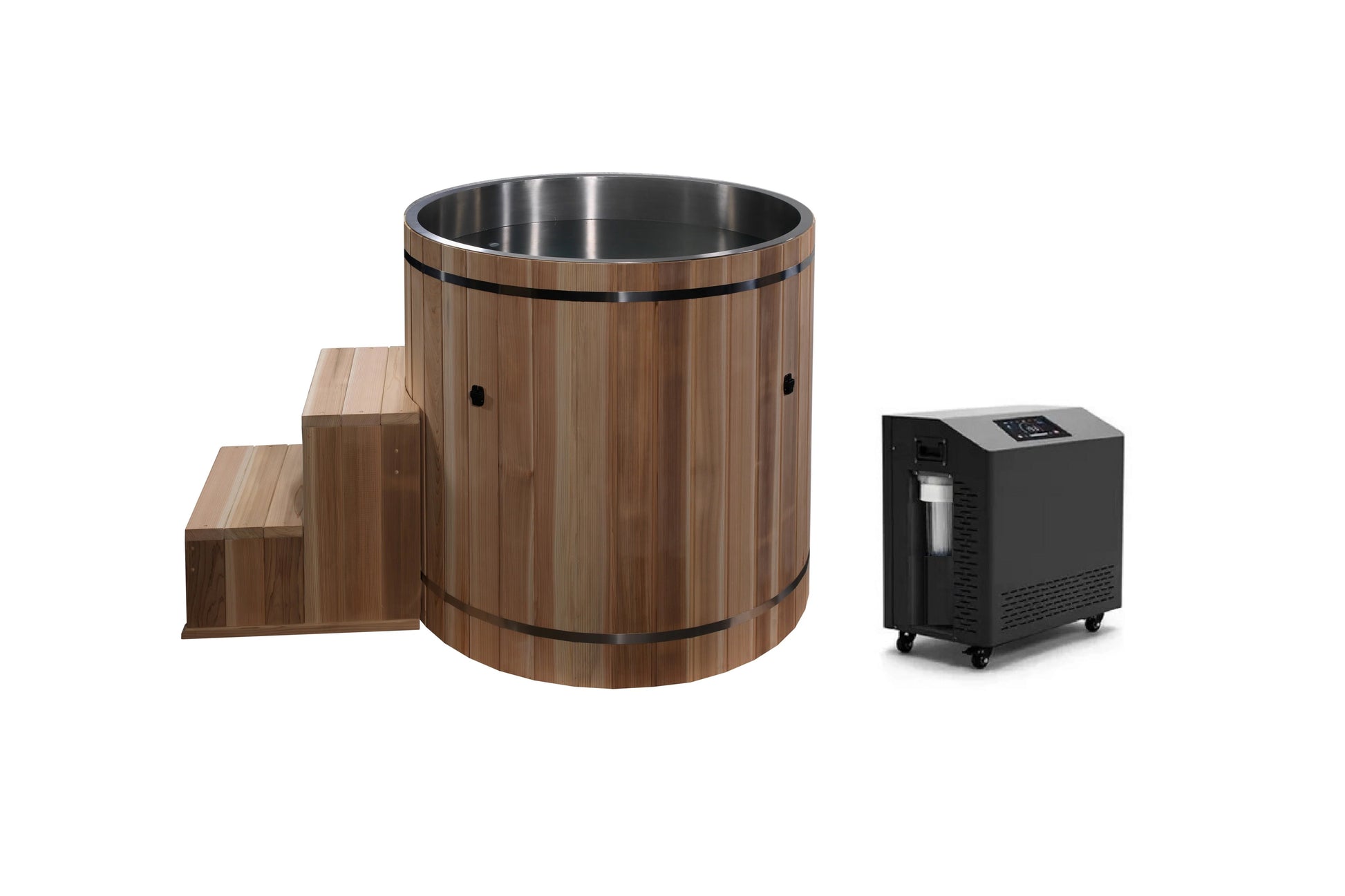Wooden hot tub barrel with stainless steel interior, wooden steps, and black chiller unit on white background