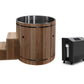 Hot tub system with cedar wood barrel featuring stainless steel interior, wooden steps, and black digital control unit on whe