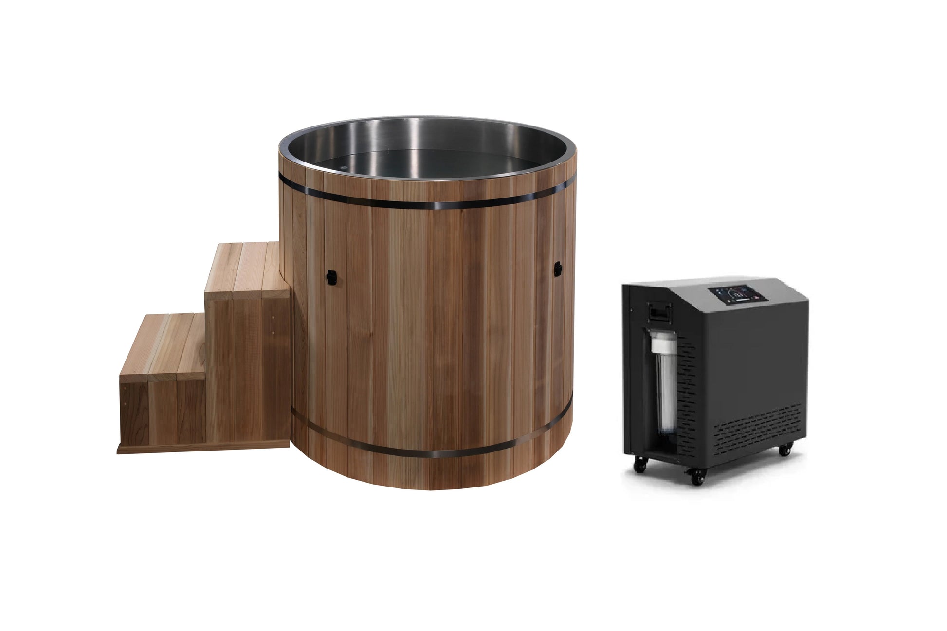 Hot tub system with cedar wood barrel featuring stainless steel interior, wooden steps, and black digital control unit on whe