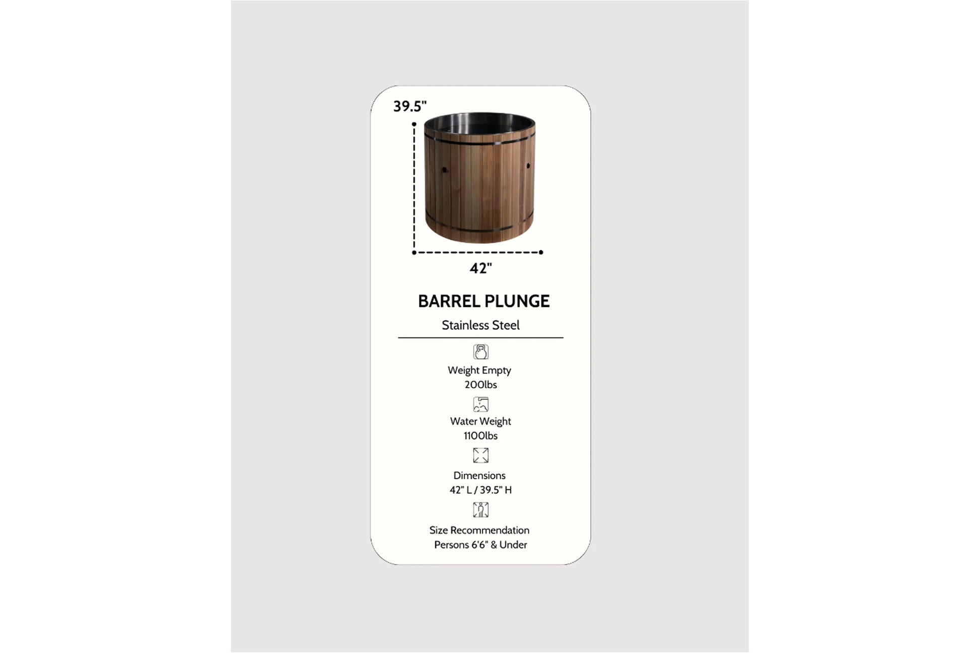 Dark wood barrel plunge with stainless steel rim, 42" diameter and 39.5" height, shown with specifications on gray background