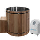 Cedar wood cold plunge barrel with stainless steel interior, wooden steps, and white Dynamic Cold Therapy chiller unit on whi