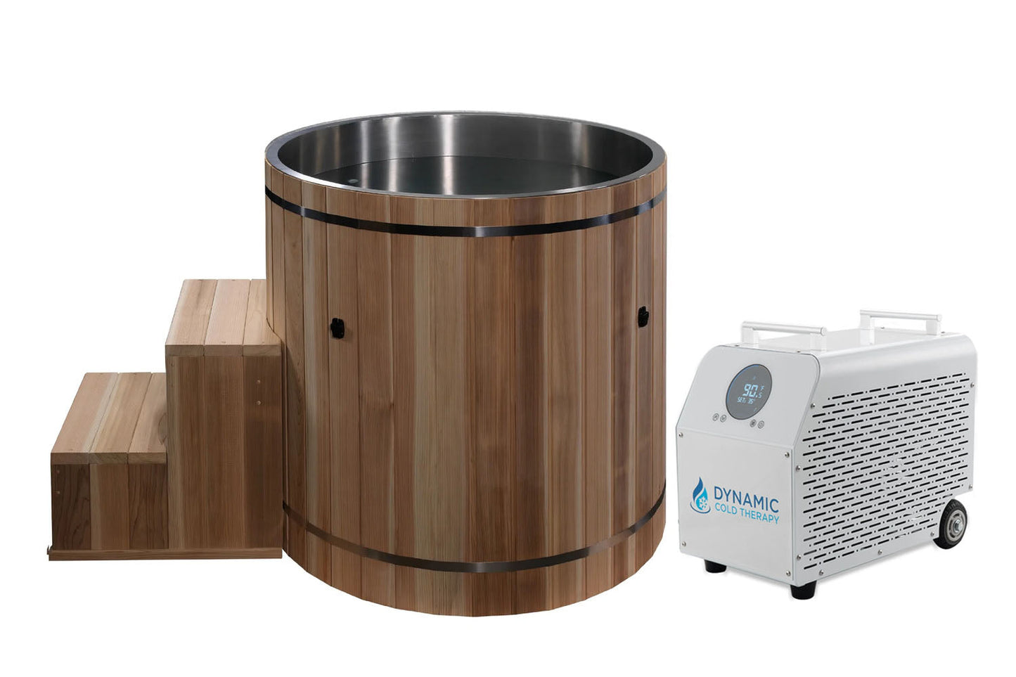 Cedar wood cold plunge barrel with stainless steel interior, wooden steps, and white Dynamic Cold Therapy chiller unit on whi