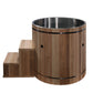 Pacific cedar wooden cold plunge barrel with stainless steel rim and interior, metal bands, and wooden steps, on white backgr