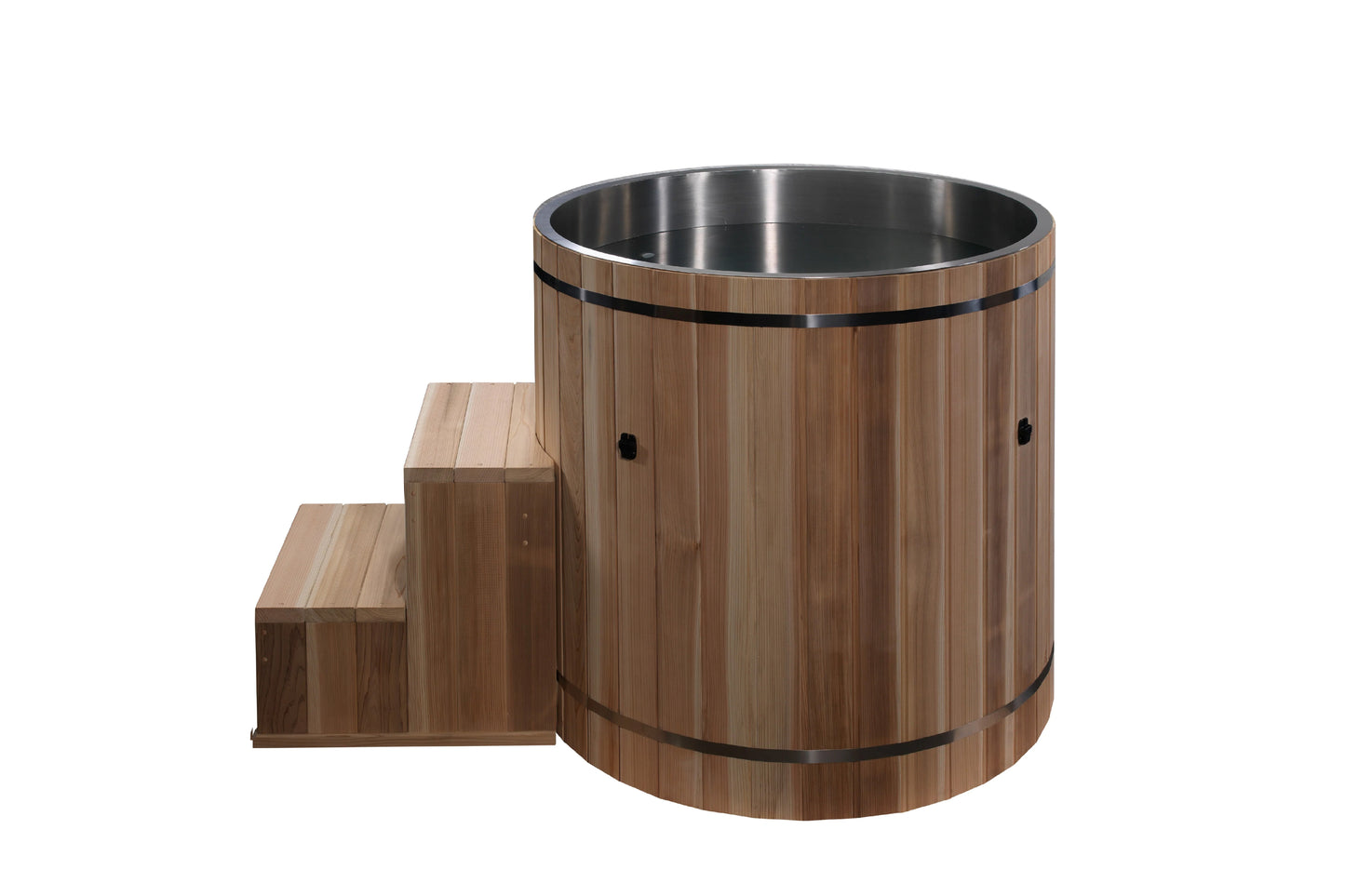 Pacific cedar wooden cold plunge barrel with stainless steel rim and interior, metal bands, and wooden steps, on white backgr