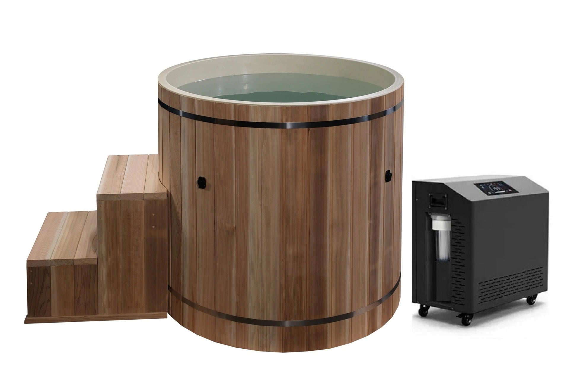 Wooden hot tub with two steps and a control box