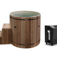 Wooden hot tub with steps and a control unit