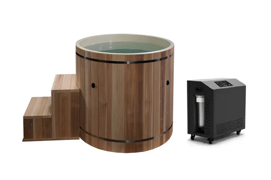 Wooden hot tub with steps and a control unit
