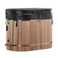 Cedar wood oval cold plunge barrel with black leather rim, metal bands, and drainage valve on white background
