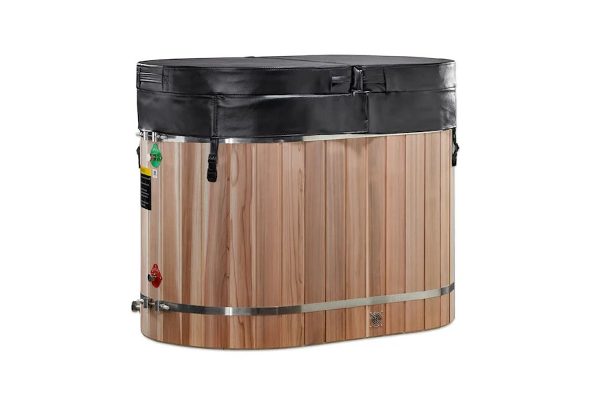 Cedar wood oval cold plunge barrel with black leather rim, metal bands, and drainage valve on white background