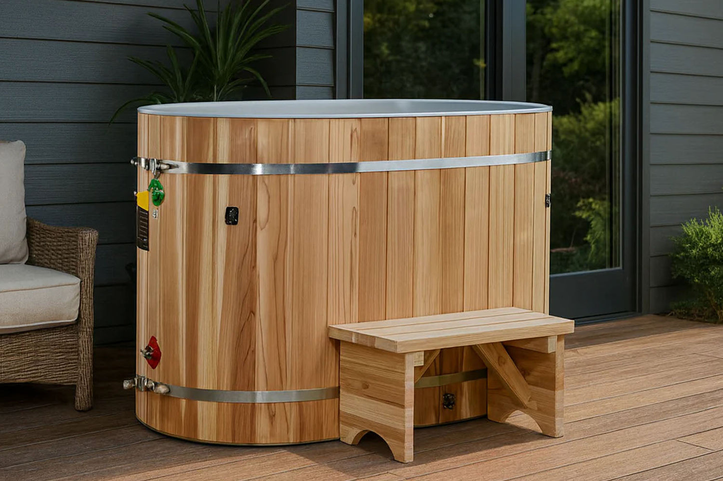 Cedar wood cold plunge barrel with metal bands and light blue interior, featuring matching wooden step stool, on outdoor deck