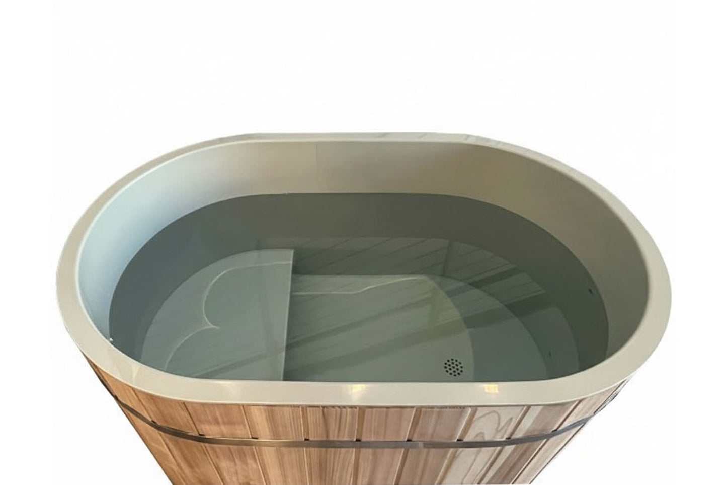 Oval cold plunge barrel with natural cedar wood exterior and pale green interior, featuring metal rim and drainage system, on