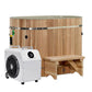 Cedar wood cold plunge barrel with stainless steel bands, white heating and filtration unit with digital display, and wooden 