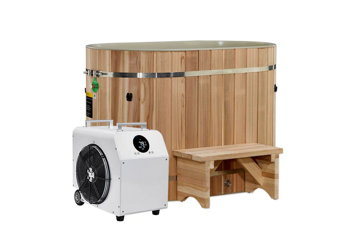 Cedar wood cold plunge barrel with stainless steel bands, white heating and filtration unit with digital display, and wooden 