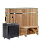 Oval wooden cold plunge tub with cedar construction, metal bands, and bench seat, paired with black chiller unit on wheels on